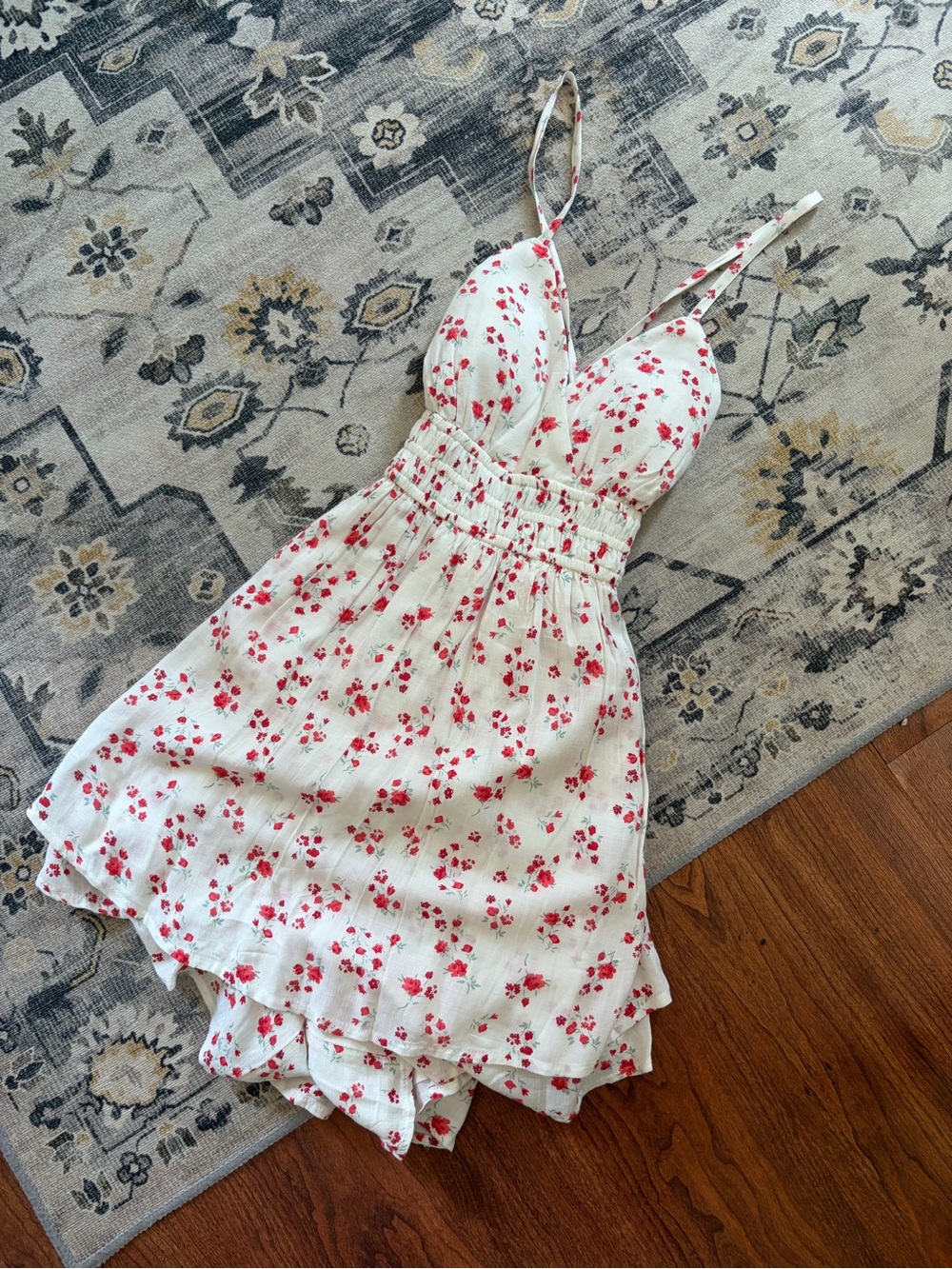Hollister White Mini Romper Dress with Red Floral Print